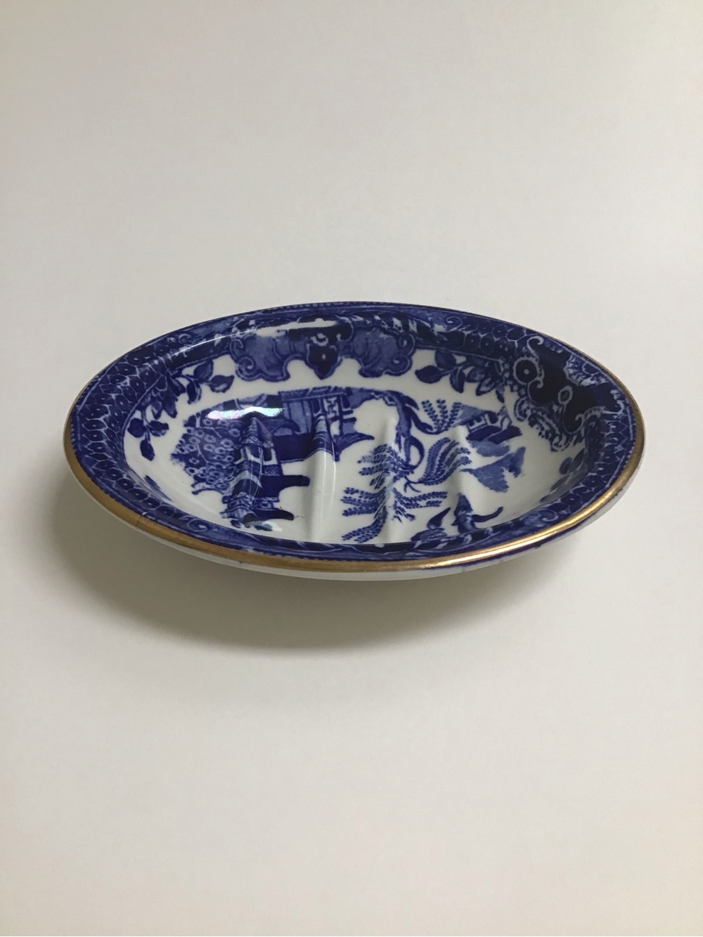 Blue Willow Antique 1920's England Burleigh Ware Oval Soap Dish Ridges Gold Rim - Picture 6 of 14